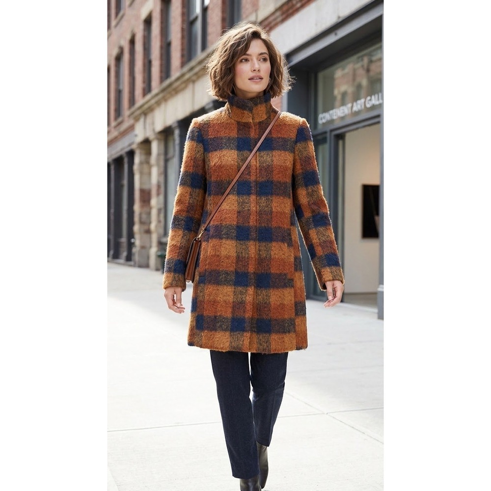 Old Navy Womens Multi Plaid Novelty Funnel Neck Wool Blend Coat Orange Navy M